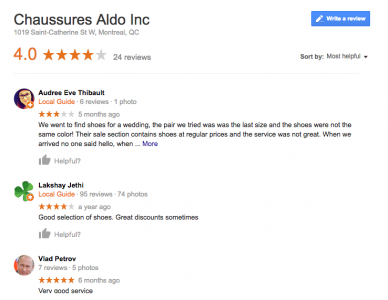 Exemple d'avis laissés sur Google: Chaussures Aldo