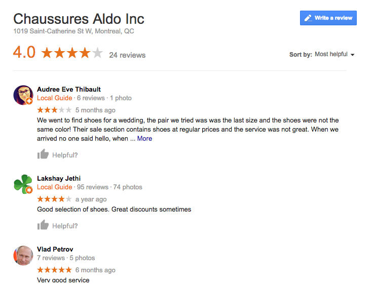 Exemple d'avis laissés sur Google: Chaussures Aldo